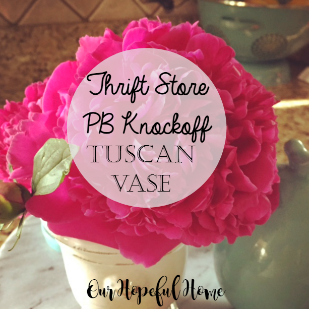 tuscan terra cotta vase PB knock-off thrift store find peonies Our Hopeful Home