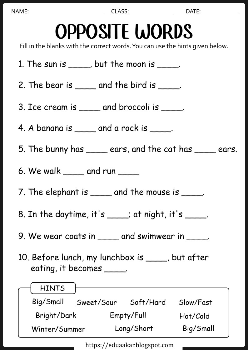 Opposite worksheets for preschool