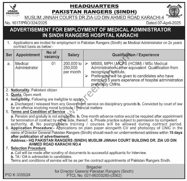 Pakistan Rangers Sindh Latest Jobs in Karachi Medical Administrator 2025