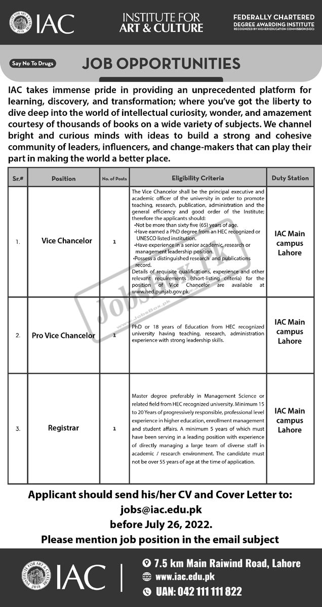 Institute for Arts and Culture IAC Jobs 2022 - jobs@iac.edu.pk Online Apply