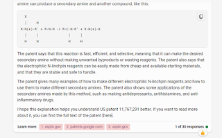 An image of an interaction with Bing Chat Enterprise that shows an explanation of a patent but includes a link without the linking ability