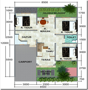   Denah Rumah Minimalis 3 Kamar Tidur 12 x 8,5 m | Desain Rumah