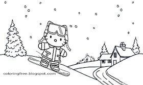Simple cartoon hello kitty Christmas printable winter sports girls snowboard coloring pages scenery