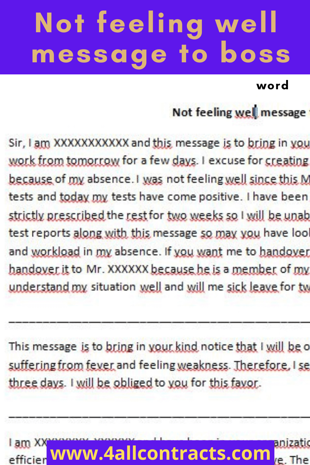 Not feeling well message to your boss - with example Examples of Not feeling well message to your boss. You can download theses examples in word to adapt it in your needs. Or you can edit this document online woth google docs.