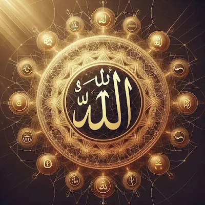 Golden Arabic calligraphy of Allah’s Names radiating light, layered over a subtle geometric pattern with numeric symbols and chakra icons glowing beneath each name. Golden Arabic calligraphy of Allah’s Names radiating light, layered over a subtle geometric pattern with numeric symbols and chakra icons glowing beneath each name.