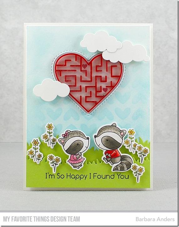 Stamps: Raving Raccoons, LLD You’re A-maze-ing  Die-namics: Raving Raccoons, Stitched Peek-a-Boo Heart Window, Grassy Hills, Puffy Clouds  Stencil: Full of Heart Barbara Anders   #mftstamps