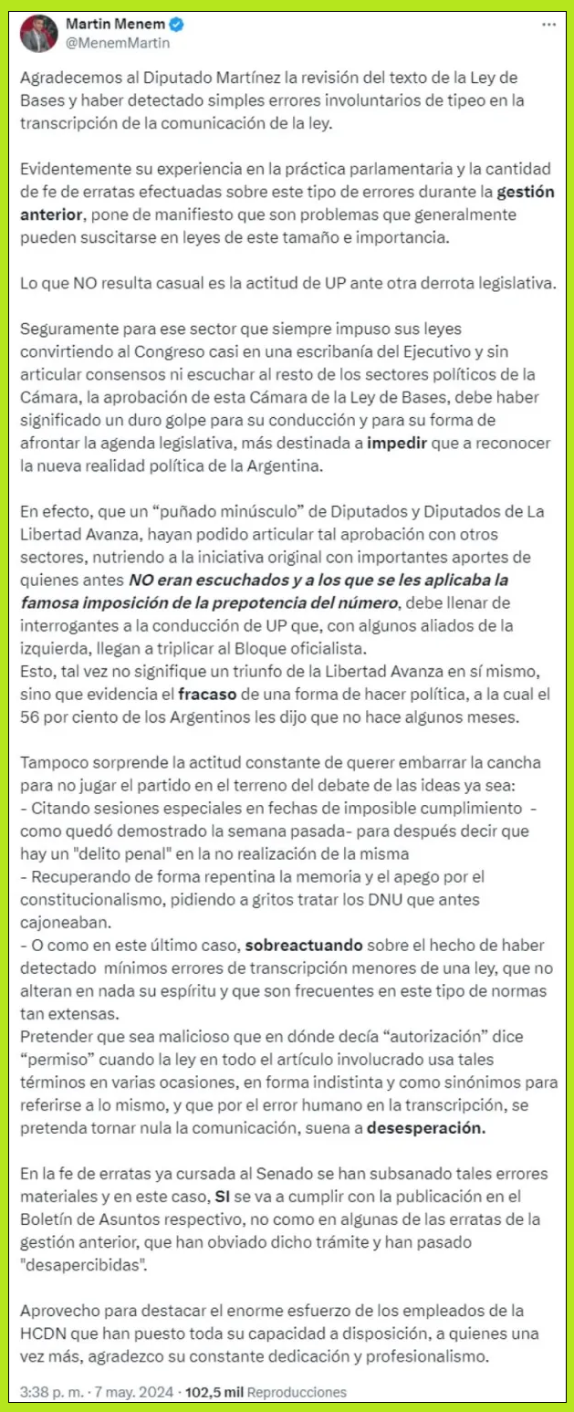 Martín Menem acusó a Unión por la Patria de querer “embarrar la cancha” en torno a la redacción de la ‘Ley de Bases’