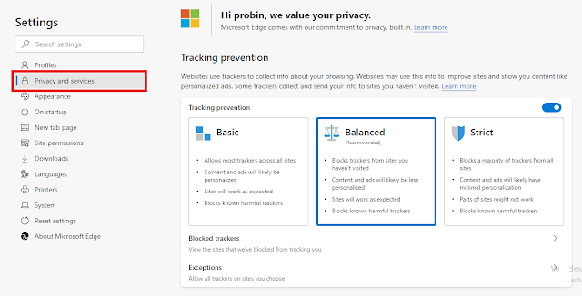 Block trackers in edge browser