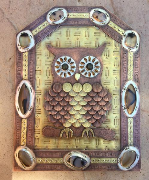 Metal and stone owl wall hanging