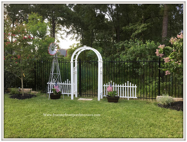 Backyard Landscape- White Garden Arbor-Cottage Garden-White Picket Fence-Windmill-From My Front Porch To Yours