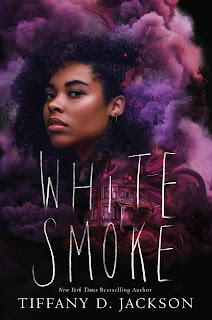 A Black teenage girl stares uncertainly out of a clout of purple smoke above a small image of a house at night