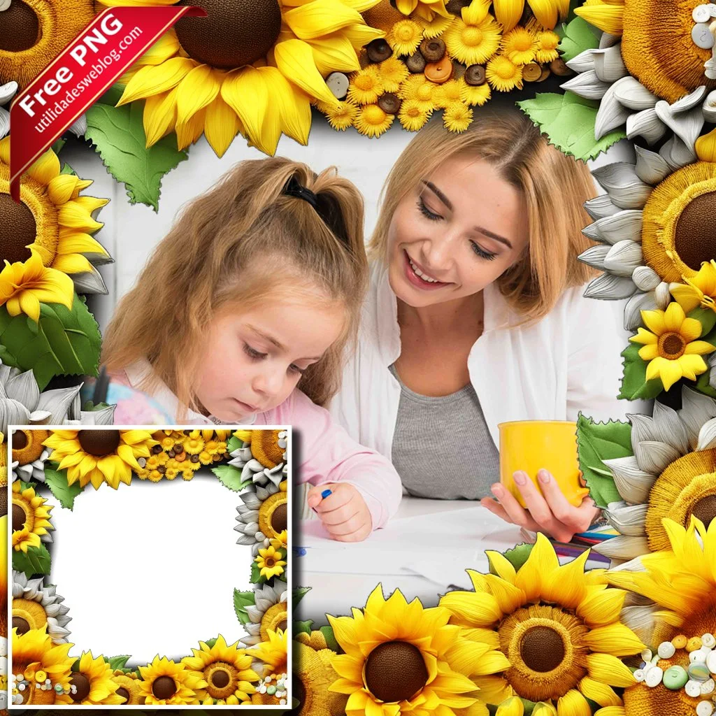 marco para fotos con flores de girasol o sunflower en png con fondo transparente para descargar gratis