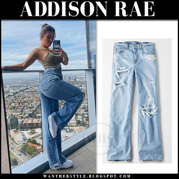 Addison Rae in wide leg jeans and white sneakers