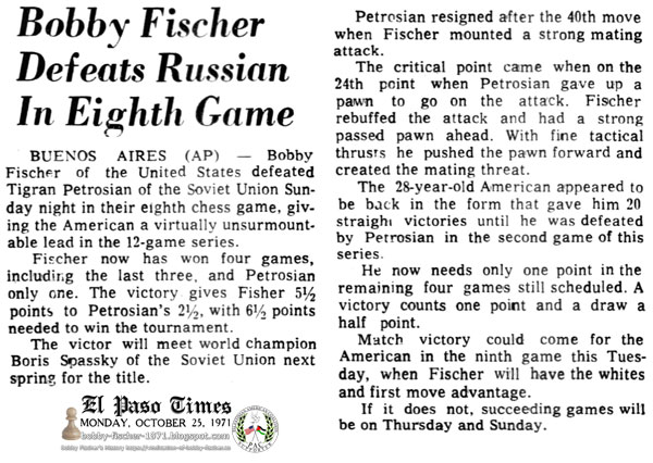 Bobby Fischer Defeats Russian In Eighth Game