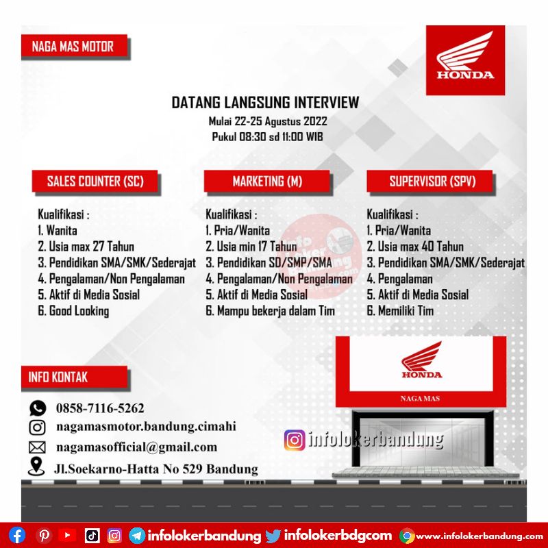 Lowongan Kerja Honda Naga Mas Motor Bandung Agustus 2022 ( Langsung Interview)