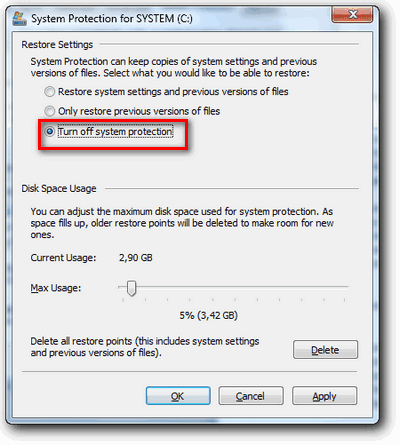 Turn off system restore