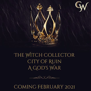 announcement for Charissa Weaks' trilogy The Witch Collector—black background with a golden crown above and the titles listed in gold below: The Witch Collector, City of Ruin, and A God's War