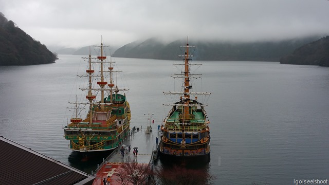 Lake Ashi and the pirate ships that will take us on the cruise.