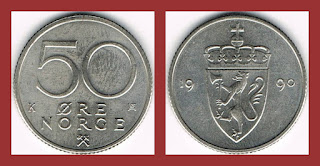 N8 NORWAY 50 ORE COIN XF (1974-1996)