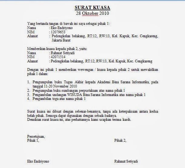 Contoh Surat Kuasa Khusus yang Benar, Baik dan Sah  Untuk 