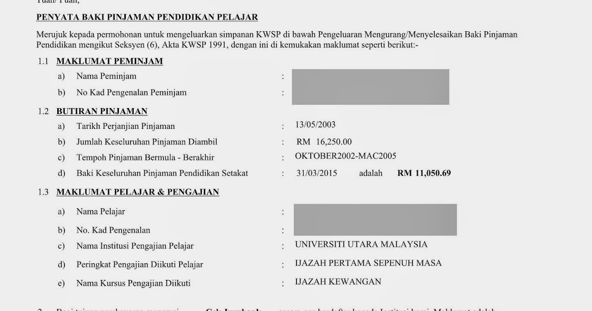 Contoh Penyelesaian Pembiayaan Melalui KWSP  Pejabat 