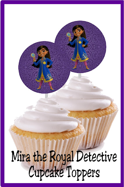 two cupcakes with matching circle cupcake toppers. On circles is a purple background with Mira the royal detective holding a spy glass.