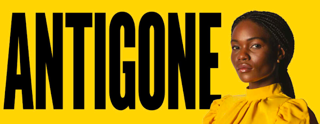 ANTIGONE in big black writing in a banner style with the same woman in the same yellow dress staring forward.