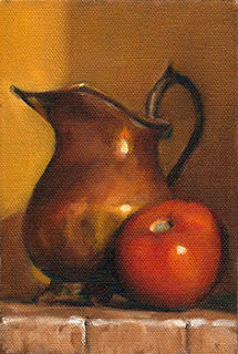 Oil painting of a copper jug beside a red tomato.