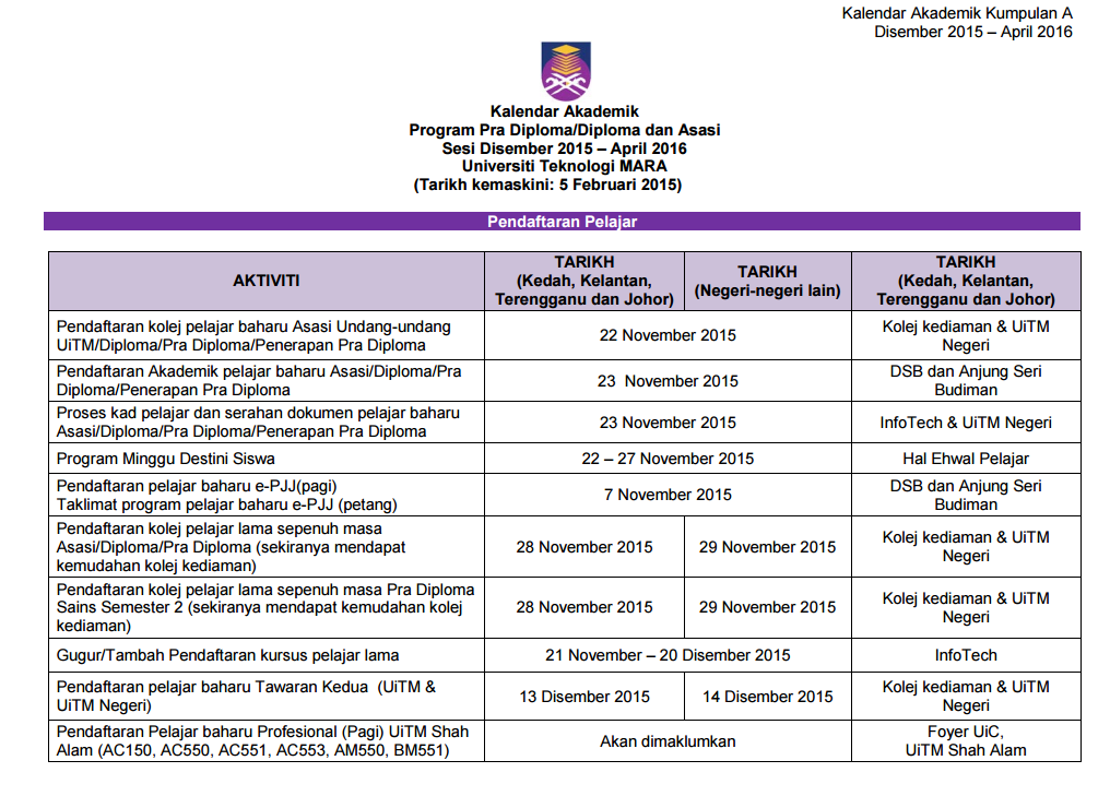 JADUAL KALENDAR AKADEMIK UiTM 2016