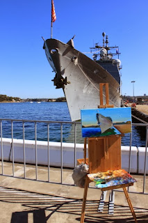 plein air oil painting of USS Chosin at Barangaroo wharf during International Fleet Review by artist Jane Bennett