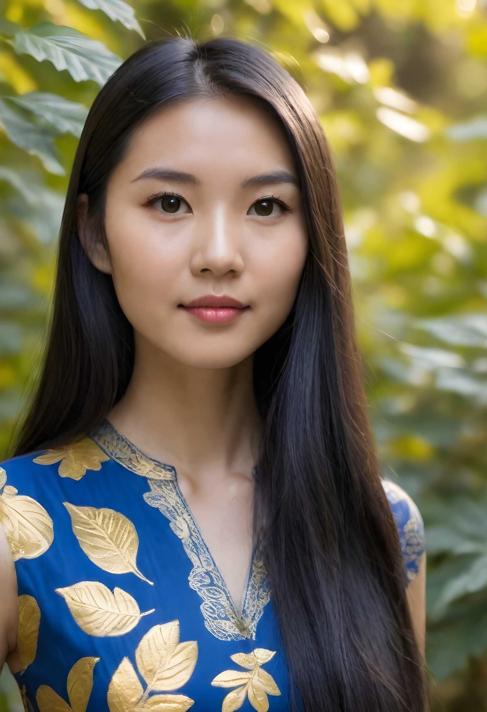 A young Asian woman with long dark hair wearing a blue and gold patterned dress, posing outdoors in a natural setting with foliage in the morning