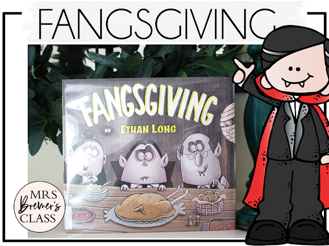 Fangsgiving book activities unit with read aloud companion printables, reading comprehension worksheets, literacy lesson ideas, and a craft for Thanksgiving in Kindergarten, First Grade, and Second Grade
