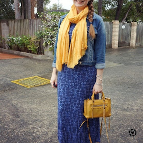 awayfromtheblue instagram | denim jacket blue printed maxi dress ankle boots mustard yellow scarf and micro regan bag for kid's birthday party
