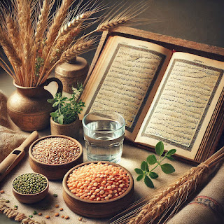 A beautifully balanced composition featuring grains mentioned in the Qur'an—wheat, barley, and lentils—arranged with a vintage open Qur'an in the background, a small bowl of water symbolizing hydration, and a sprig of fresh herbs for a modern, earthy touch. The tones are warm, evoking both tradition and renewal.