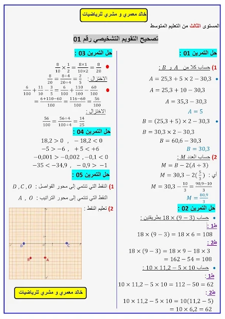 تقويم تشخيصي للسنة 3 متوسط مادة الرياضيات