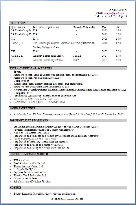 CA Fresher CV Format