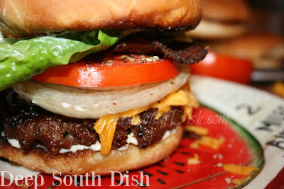 To me a good Cowboy Burger should have a smoky element and a spicy element - Worcestershire, BBQ & steak sauce, just a dash of Liquid Smoke, and a bit of cayenne and chipotle chili powder. Top it with thick cut peppered bacon.