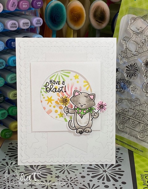 Have a blast by Sue features Newton's 4th of July,  Fireworks, and Fancy Edges Tag by Newton's Nook Designs; #inkypaws, #newtonsnook, #4thofjulycards, #cardmaking, #catcards