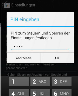 Google Play - in den Einstellungen vierstelligen PIN-Code eingeben gegen unbeabsichtigte Käufe