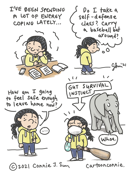 Sketchbook cartoon about survival instinct, trauma, coping, and wanting to feel safe, by Connie Sun, cartoonconnie