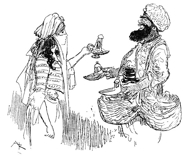 a veiled woman trading lamps with a turbaned dealer