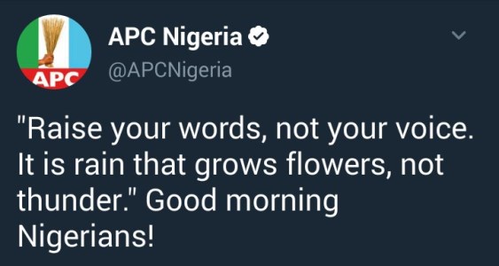 Nigerians Come For APC After The Party's Twitter Handle Shared A Quote About Rain Being More Effective Than Thunder In Growing Flowers