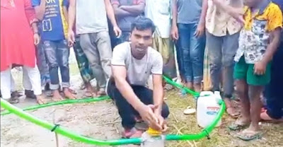 College students burning abandoned polythene in Kurigram to produce petrol and diesel!