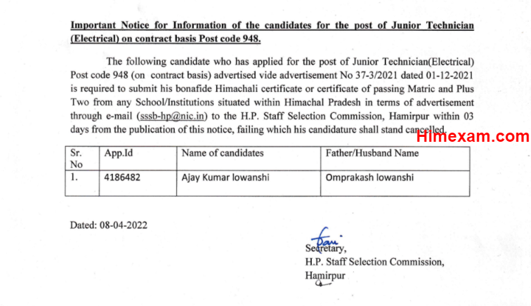Important Notice for the post of Junior Technician (Electrical)  Post code 948-HPSSC Hamirpur