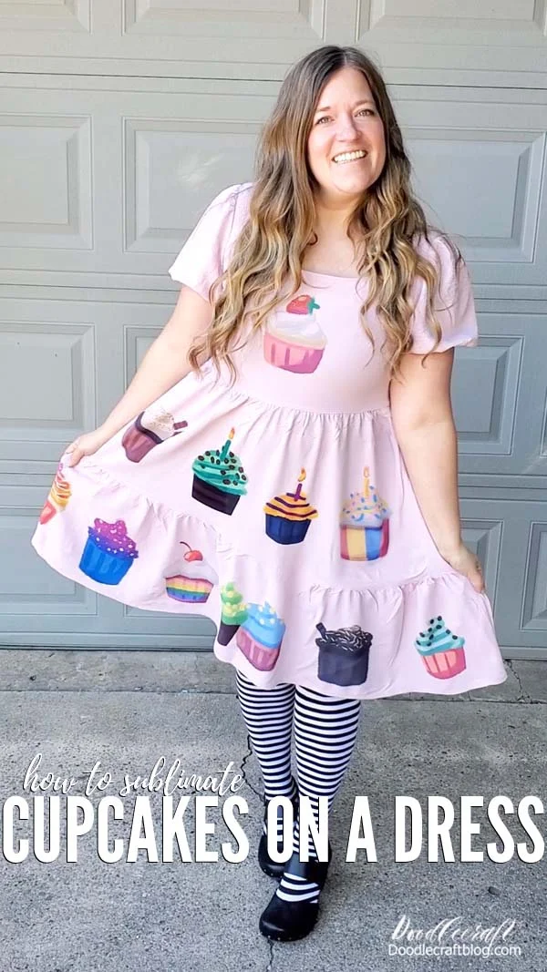 Turn a boring or plain dress into a work of art with sublimation!   This dusty pink dress was pretty drab...but looks amazing with colorful cupcakes all over it!   Let me show you how easy it is to customize your fit with a few sublimation supplies.