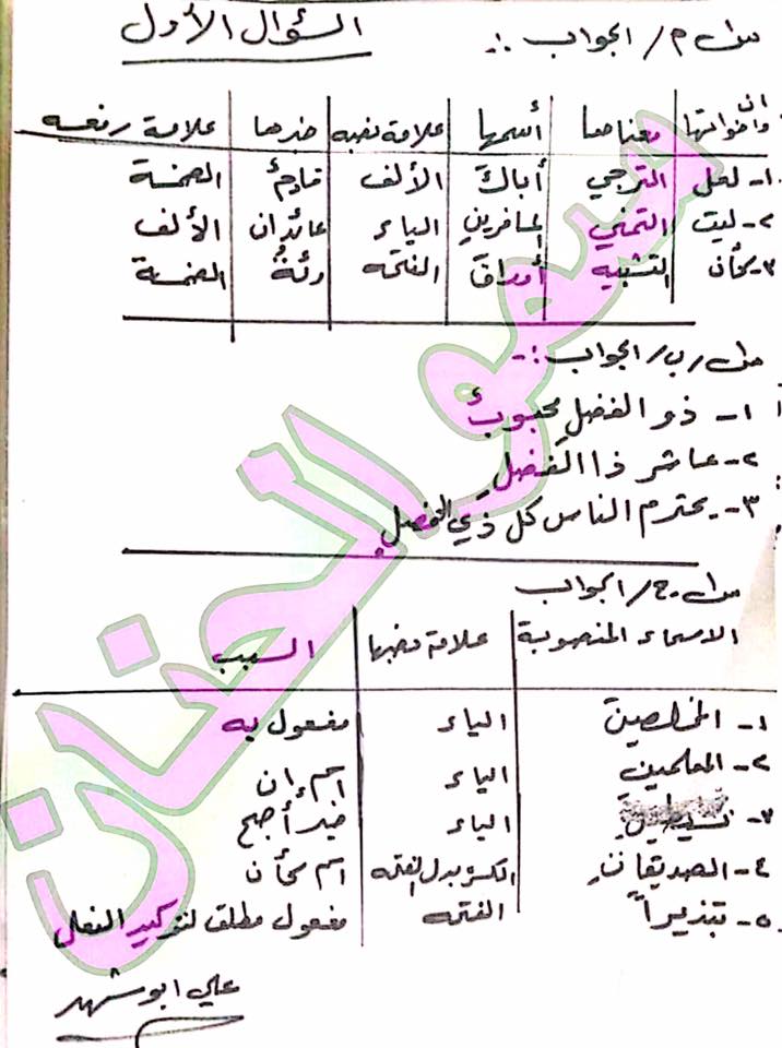 اسئلة اللغة العربية مع الحلول للصف السادس الابتدائي 2017 الدور الاول 2
