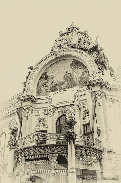 The upper front of the Municipal House in Prague, Czechia