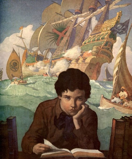 Boy reading book with pirate ship background