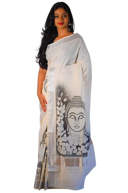 Southloom Women's Cotton Silver Kasavu Saree With Mural Buddha Design