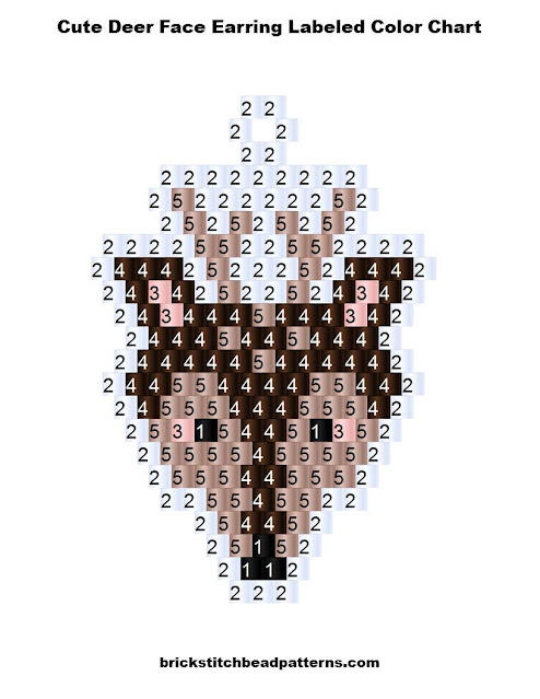 Free Cute Deer Face Brick Stitch Seed Bead Earring Pattern Labeled Color Chart